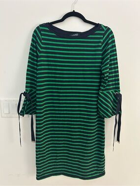 Lauren Ralph Lauren Dress M Green Navy Stripe Cotton Tie Bell Sleeve